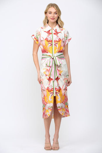 FATE Botanical Scarf Print Midi Dress in Cream Multi