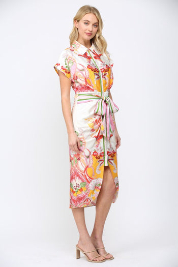 FATE Botanical Scarf Print Midi Dress in Cream Multi