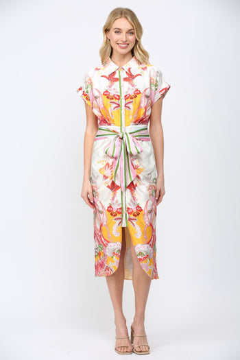 FATE Botanical Scarf Print Midi Dress in Cream Multi