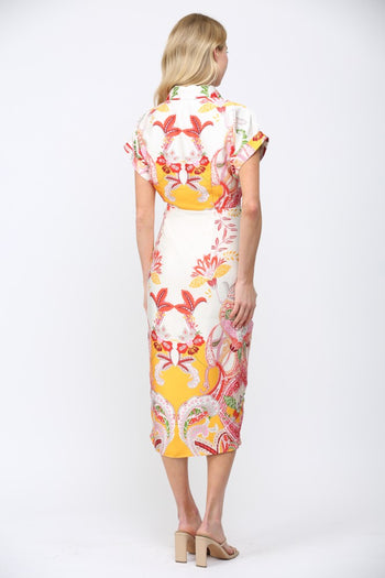 FATE Botanical Scarf Print Midi Dress in Cream Multi