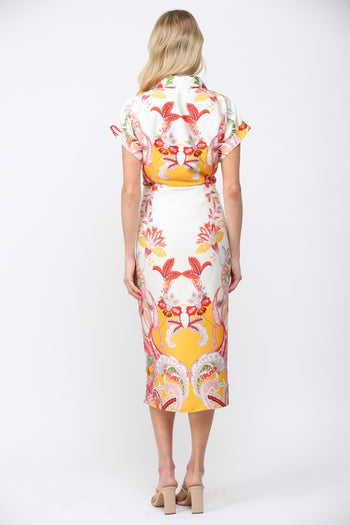 FATE Botanical Scarf Print Midi Dress in Cream Multi