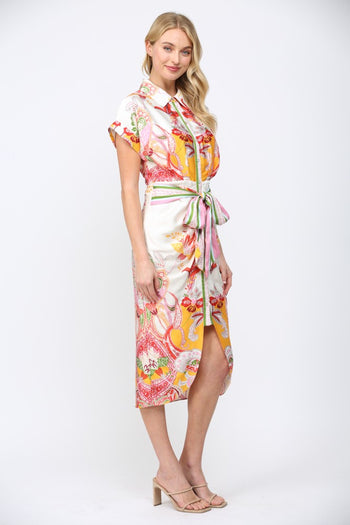 FATE Botanical Scarf Print Midi Dress in Cream Multi
