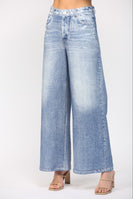 FATE Faux Washed Denim Print Wide Leg French Terry Pants in Denim Blue