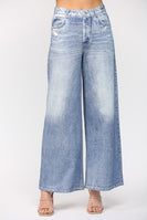 FATE Faux Washed Denim Print Wide Leg French Terry Pants in Denim Blue