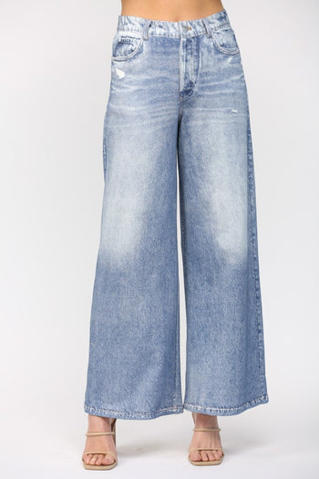 FATE Faux Washed Denim Print Wide Leg French Terry Pants in Denim Blue