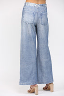 FATE Faux Washed Denim Print Wide Leg French Terry Pants in Denim Blue