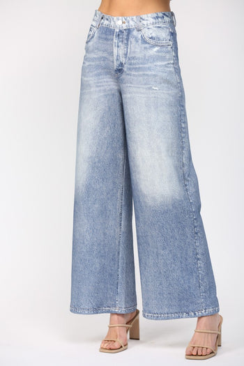 FATE Faux Washed Denim Print Wide Leg French Terry Pants in Denim Blue