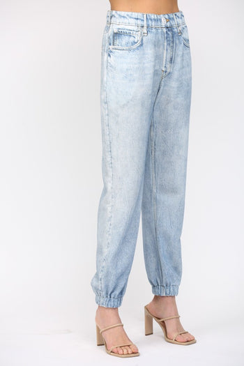 FATE SOFT Faux Denim Print French Terry Knit Joggers in Light Denim Blue