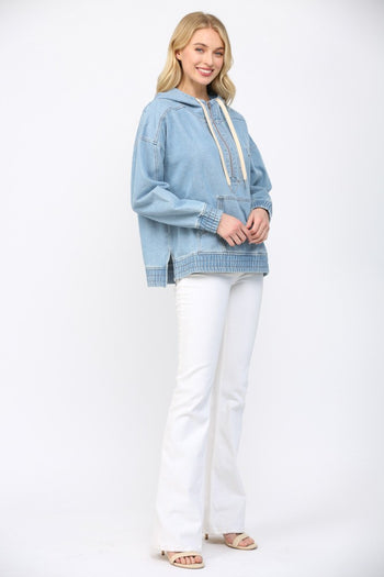 FATE Hooded Denim Pullover Top in Light Denim