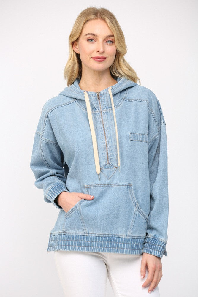 FATE Hooded Denim Pullover Top in Light Denim – June Adel
