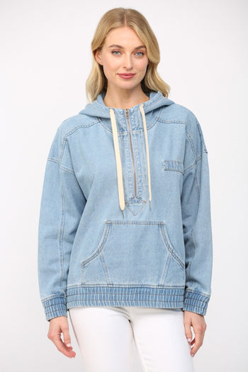 FATE Hooded Denim Pullover Top in Light Denim