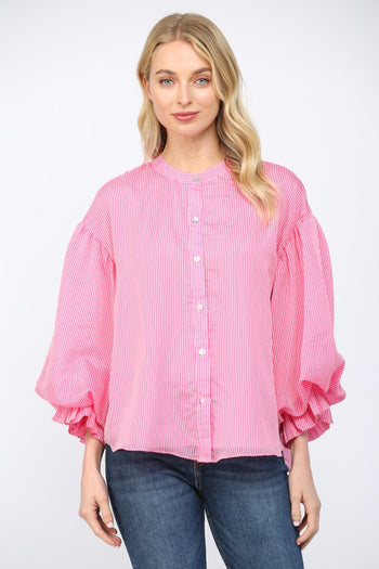 FATE Pinstripe Voluminous Bubble Sleeve Top in Pink
