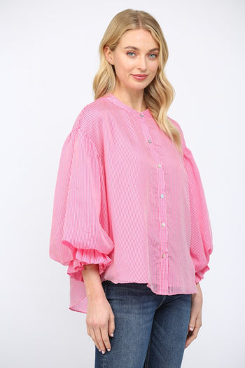 FATE Pinstripe Voluminous Bubble Sleeve Top in Pink