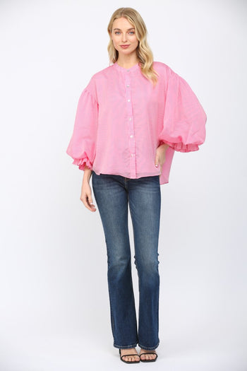 FATE Pinstripe Voluminous Bubble Sleeve Top in Pink