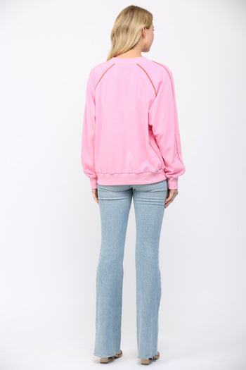 FATE Solid Color Sweatshirt with Contrasting Color Piping Detail in Bubblegum Pink