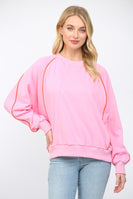 FATE Solid Color Sweatshirt with Contrasting Color Piping Detail in Bubblegum Pink