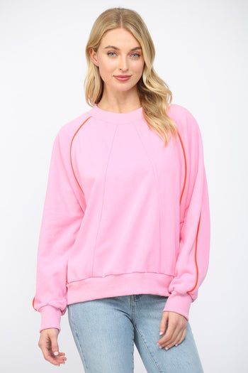 FATE Solid Color Sweatshirt with Contrasting Color Piping Detail in Bubblegum Pink