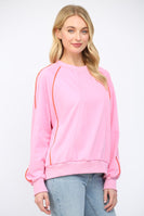 FATE Solid Color Sweatshirt with Contrasting Color Piping Detail in Bubblegum Pink