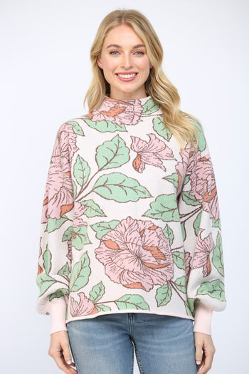 FATE Pastel Floral Print Knit Mock Neck Sweater in Soft Pink Multi