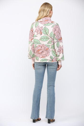 FATE Pastel Floral Print Knit Mock Neck Sweater in Soft Pink Multi