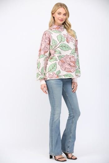FATE Pastel Floral Print Knit Mock Neck Sweater in Soft Pink Multi