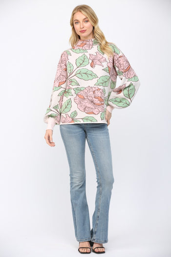 FATE Pastel Floral Print Knit Mock Neck Sweater in Soft Pink Multi