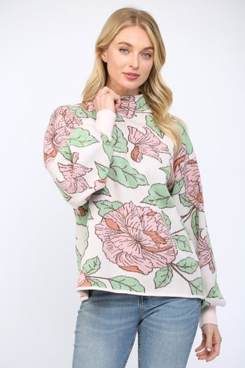 FATE Pastel Floral Print Knit Mock Neck Sweater in Soft Pink Multi