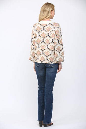 FATE Geometric Floral Motif Mock Neck Sweater in Cream Multi