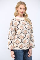FATE Geometric Floral Motif Mock Neck Sweater in Cream Multi