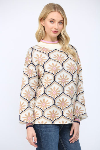 FATE Geometric Floral Motif Mock Neck Sweater in Cream Multi