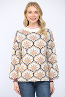 FATE Geometric Floral Motif Mock Neck Sweater in Cream Multi