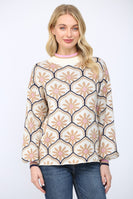 FATE Geometric Floral Motif Mock Neck Sweater in Cream Multi