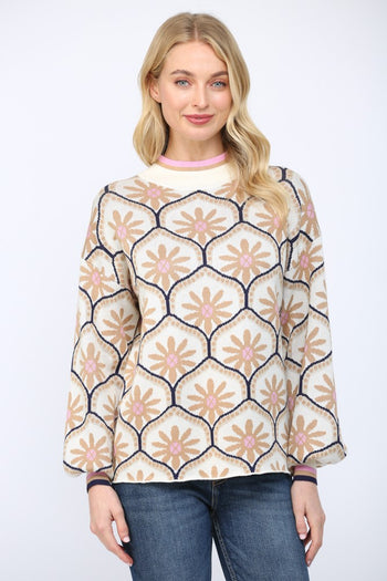 FATE Geometric Floral Motif Mock Neck Sweater in Cream Multi