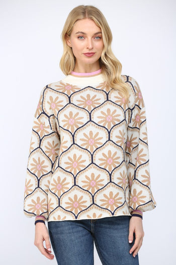 FATE Geometric Floral Motif Mock Neck Sweater in Cream Multi
