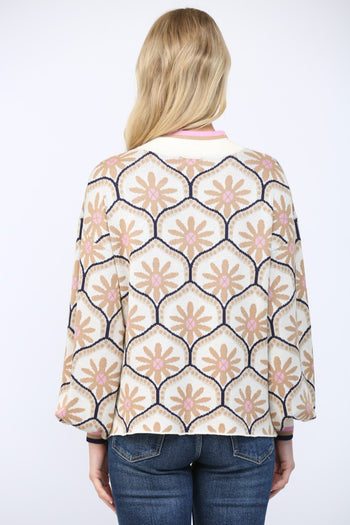 FATE Geometric Floral Motif Mock Neck Sweater in Cream Multi