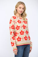 FATE Floral Pattern Jacquard Knit Crew Neck Sweater in Beige Multi