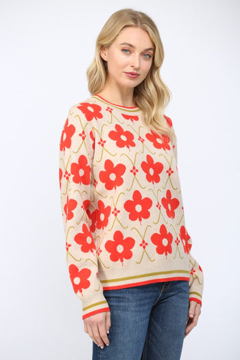FATE Floral Pattern Jacquard Knit Crew Neck Sweater in Beige Multi