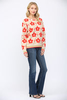 FATE Floral Pattern Jacquard Knit Crew Neck Sweater in Beige Multi