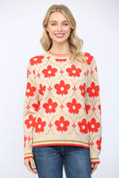 FATE Floral Pattern Jacquard Knit Crew Neck Sweater in Beige Multi