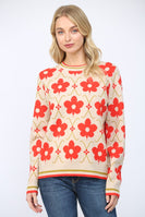 FATE Floral Pattern Jacquard Knit Crew Neck Sweater in Beige Multi