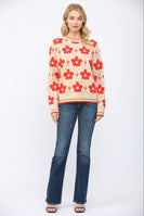 FATE Floral Pattern Jacquard Knit Crew Neck Sweater in Beige Multi