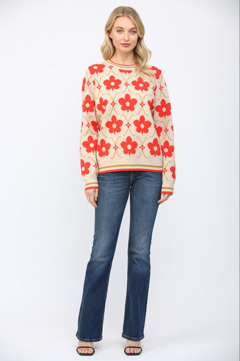 FATE Floral Pattern Jacquard Knit Crew Neck Sweater in Beige Multi