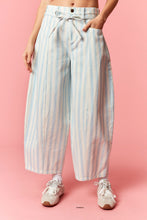 Load image into Gallery viewer, Peach Love Multi Stripe Twill Denim Belt Strap Barrel Jeans in Light Blue
