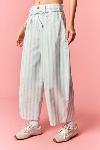 Peach Love Multi Stripe Twill Denim Belt Strap Barrel Jeans in Light Blue