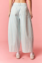 Load image into Gallery viewer, Peach Love Multi Stripe Twill Denim Belt Strap Barrel Jeans in Light Blue
