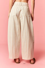 Load image into Gallery viewer, Peach Love Multi Stripe Twill Denim Belt Strap Barrel Jeans in Light Taupe

