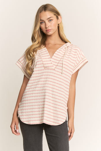 Heimish Jacquard Striped Hooded Top in Cream/Rose