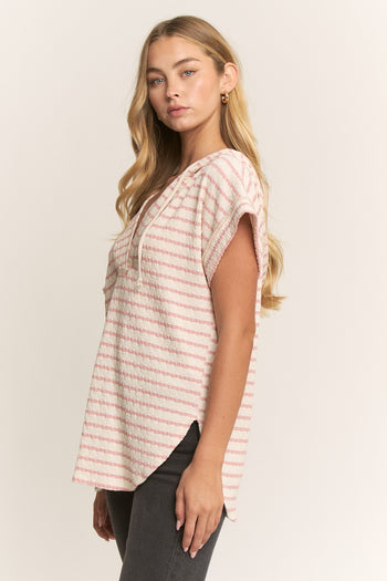 Heimish Jacquard Striped Hooded Top in Cream/Rose