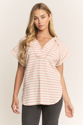 Heimish Jacquard Striped Hooded Top in Cream/Rose