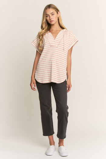 Heimish Jacquard Striped Hooded Top in Cream/Rose